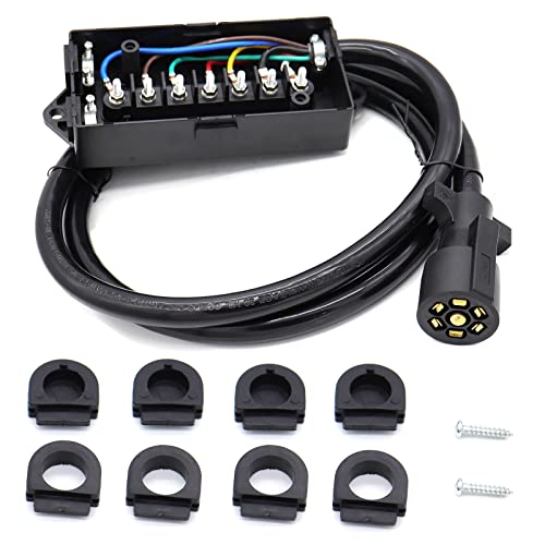 MOCW 6 Foot 7 Pin Trailer Plug Wiring Harness 7 Way RV Trailer Cord Wire with 7 Gang Waterproof Junction Box - Image 1
