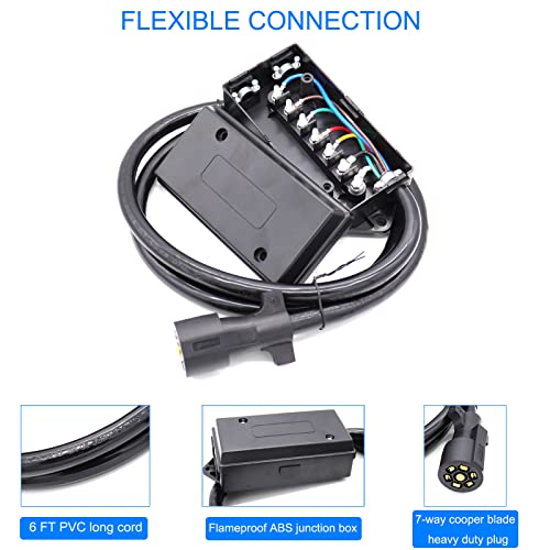 MOCW 6 Foot 7 Pin Trailer Plug Wiring Harness 7 Way RV Trailer Cord Wire with 7 Gang Waterproof Junction Box - Image 4