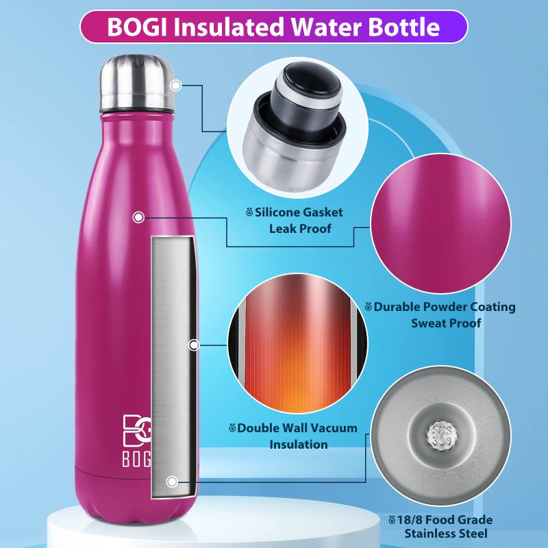 BOGI 17oz Insulated Water Bottle Double Wall Vacuum Stainless Steel Water Bottles, Leak Proof Metal Sports Water Bottle Keeps Drink Hot and Cold - Perfect for Outdoor Sports Camping Biking (Hot Pink) - Image 3