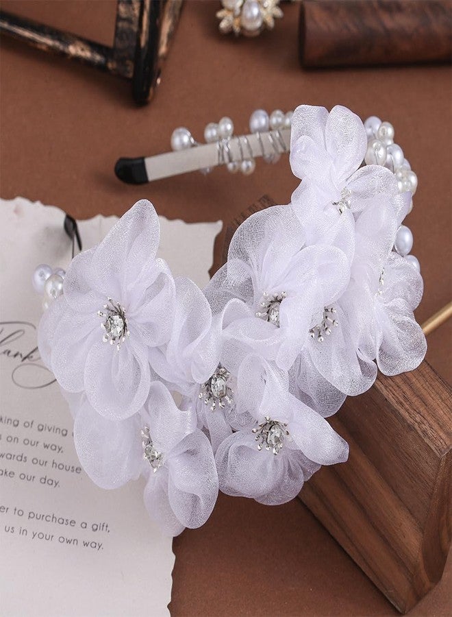 Urieo White Flower Girl Headpiece Pearl Wedding Headband First Communion Hair Accessories for Women and Girls - Image 2