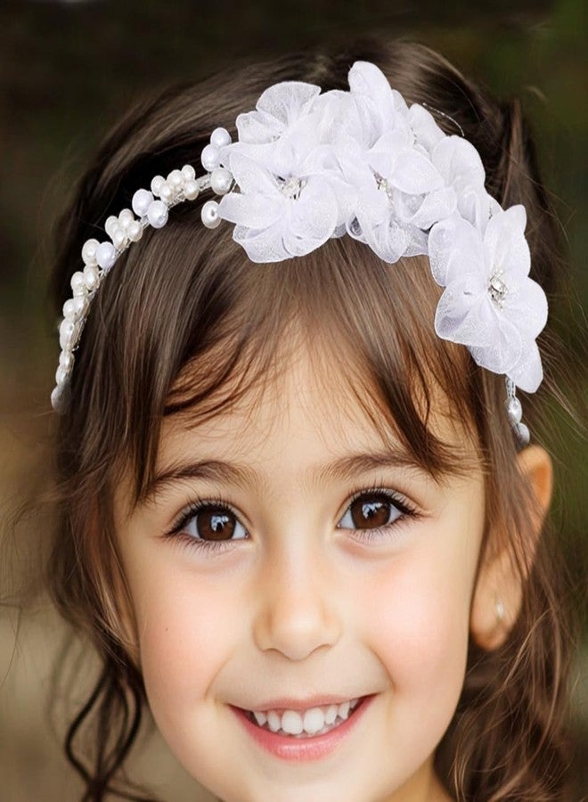 Urieo White Flower Girl Headpiece Pearl Wedding Headband First Communion Hair Accessories for Women and Girls - Image 5