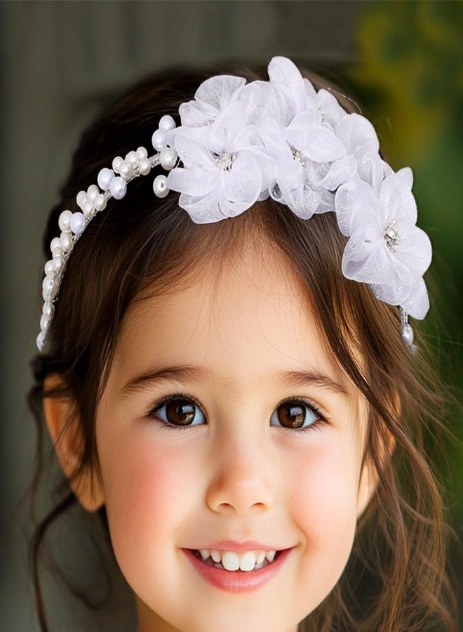 Urieo White Flower Girl Headpiece Pearl Wedding Headband First Communion Hair Accessories for Women and Girls - Image 3
