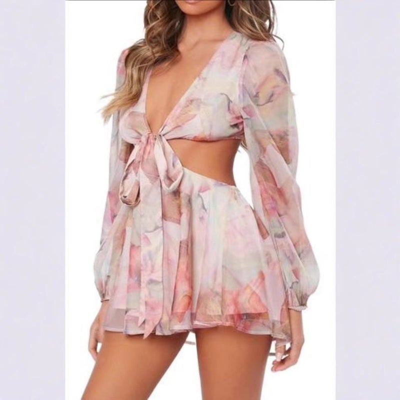Women's Summer Casual Chiffon Dress with Lantern Sleeves and Knot Waist - Image 2