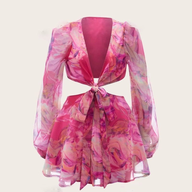 Women's Summer Casual Chiffon Dress with Lantern Sleeves and Knot Waist - Image 3