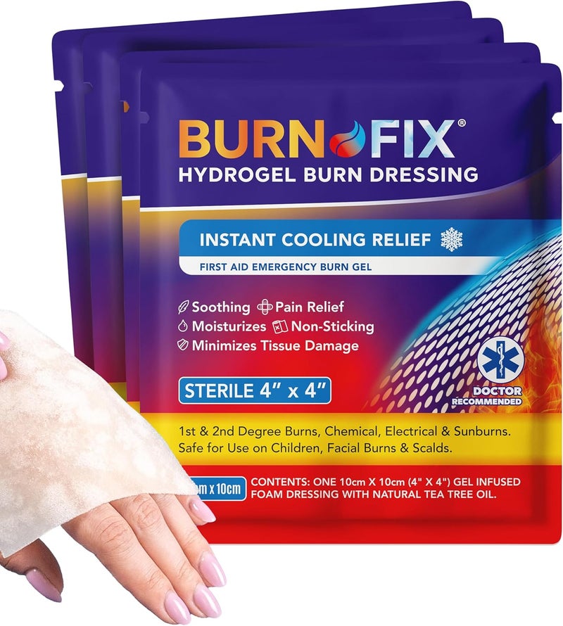 BURNFIX ® - 4 Pack-Burn Gel Dressing 4 x 4" Burn Care Cream First Aid Treatment. Immediate Pain Relief Hydrogel Burn Dressing for 1st, 2nd Degree Burns, Razor & Sunburns for Home, Work, Fire, EMS - Image 1