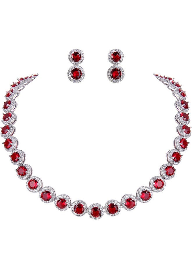 EVER FAITH - Round Cubic Zirconia January Birthstone Row Wedding Prom Necklace Earrings Set For Women Red Silvertone - Image 1