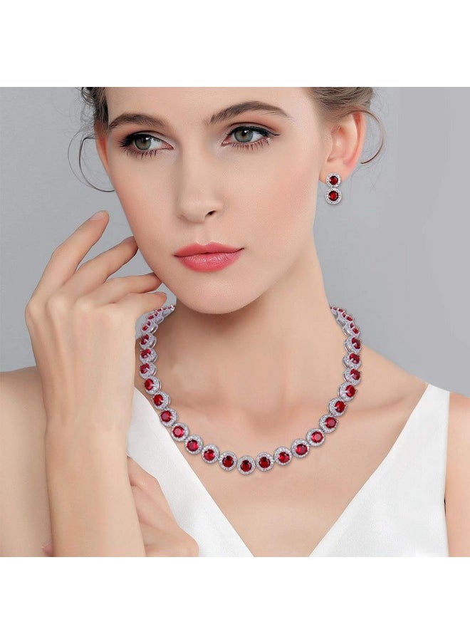 EVER FAITH - Round Cubic Zirconia January Birthstone Row Wedding Prom Necklace Earrings Set For Women Red Silvertone - Image 1