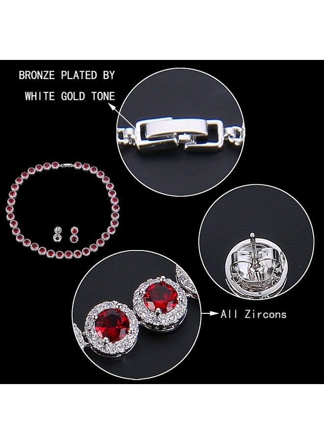 EVER FAITH - Round Cubic Zirconia January Birthstone Row Wedding Prom Necklace Earrings Set For Women Red Silvertone - Image 1