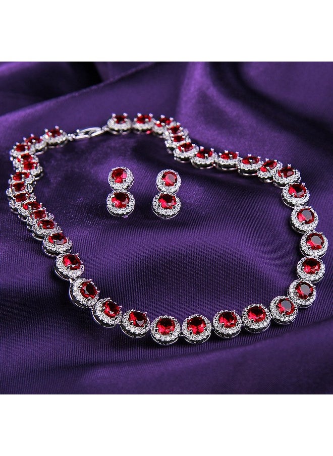 EVER FAITH - Round Cubic Zirconia January Birthstone Row Wedding Prom Necklace Earrings Set For Women Red Silvertone - Image 1