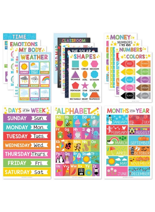 Hadley Designs Hadley Designs 16 Educational Posters for Classroom & Kindergarten, Kindergarten Classroom Must Haves, Laminated PreK Learning Chart Materials US & World Map, ABC Alphabet, Shapes, Days of the Week  - Image 1