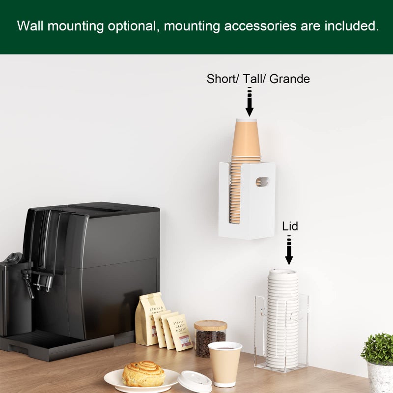 Bosscasa Disposable Coffee Cup Dispenser With Handles  Countertop Or Wall Mount Hot/Cold Drink Cup And Lid Holder - Bathroom/Kitchen/Office Acrylic Cup Lid Storage Organizer (1 Compartment  White) - Image 4