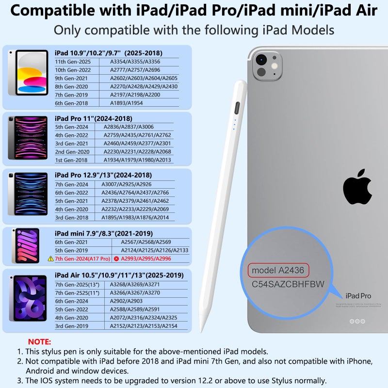 COO â€‹â€‹â€‹Stylus Pen for iPad 2018-2025 with Palm Rejection, Active Pencil for iPad 10th/9th/8th/7th/6th Generation, for iPad Pro 11/12.9 inch, for iPad Air 5th/4th/3th Gen, for iPad Mini 6th/5th Gen (White) - Image 5
