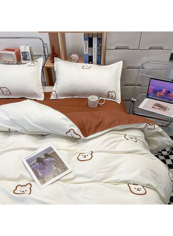 Washed Cotton Four-piece Quilt Cover Single Bedding Student Dormitory Quilt Quilt Cover Sanding Three-piece Bed Sheet Person-Color:Bear White Card-Specifications:Set Of 2.2m [quilt Cover 1.8x 2.2m - Image 1