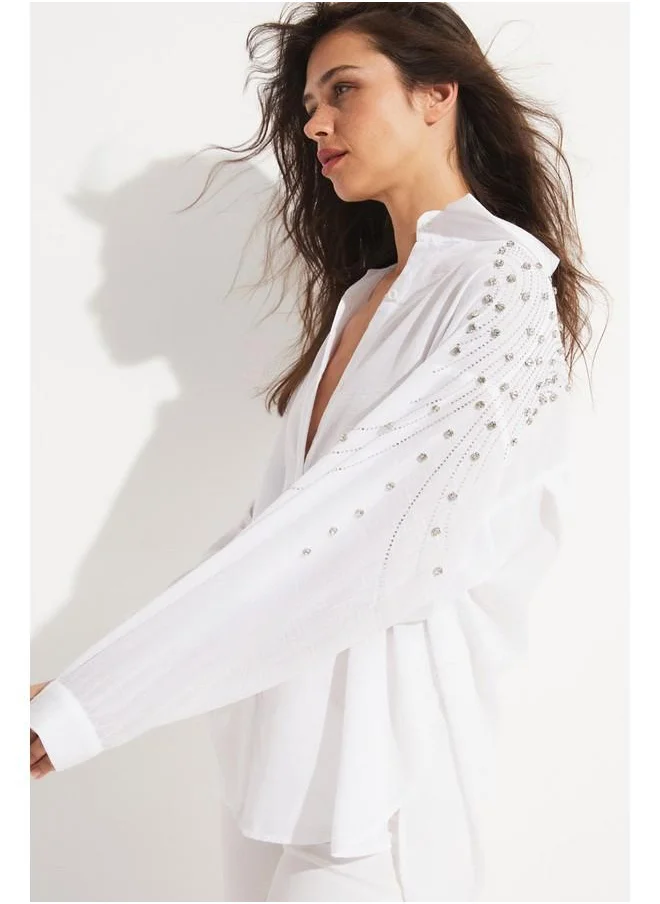 JUNE June Women Woven Stone Detailed on the Shoulder Shirt White