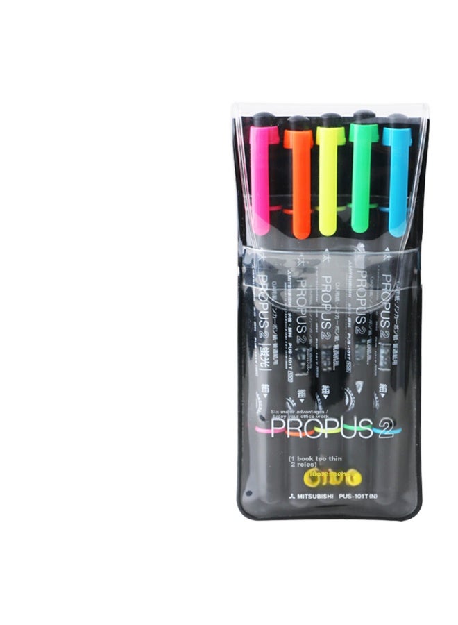 يوني ميتسوبيشي (uni) قلم تمييز مزدوج الرأس، قلم علام للواجبات المنزلية للطلاب، علام رسم ملون، سمك ناعم 0.5 مم Pus-101t(n)، مجموعة من 5 ألوان - Image 1