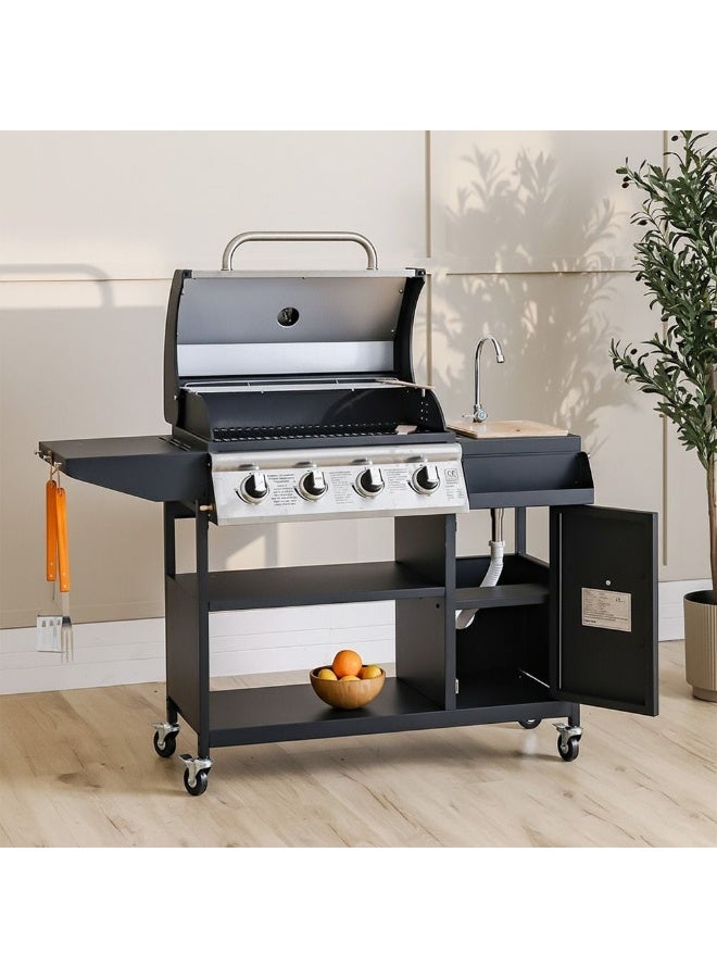 DANUBE HOME Inferno Four Burner Gas Grill With Sink And Trolley, Outdoor Bbq Station, Stainless Steel Barbecue Grill For Garden, Patio & Backyard Cooking – Black/Silver - Image 1