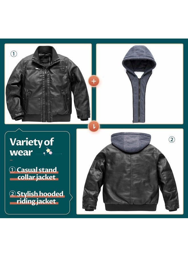 CREATMO US Boy Faux Leather Jacket Motorcycle Jacket Winter Jacket Zipper Flight Pleather Jacket Black 14/16 - Image 3