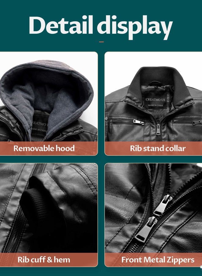 CREATMO US Boy Faux Leather Jacket Motorcycle Jacket Winter Jacket Zipper Flight Pleather Jacket Black 14/16 - Image 5