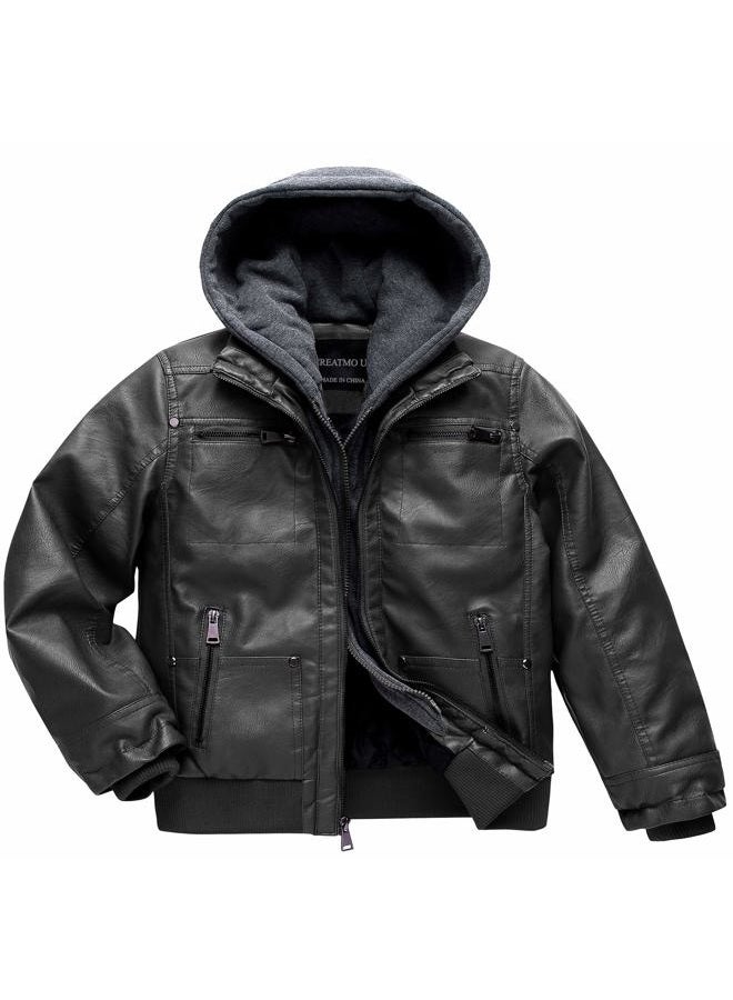 CREATMO US Boy Faux Leather Jacket Motorcycle Jacket Winter Jacket Zipper Flight Pleather Jacket Black 14/16 - Image 1