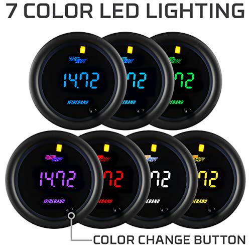 GLOWSHIFT مجموعة مقياس نسبة الهواء/الوقود الرقمية العريضة GlowShift Black 7 Color - تشمل مستشعر الأكسجين، مخرج تسجيل البيانات، وصلة لحام وأسلاك - شاشة LED متعددة الألوان - عدسة شفافة - 2-1/16" 52mm - Image 4