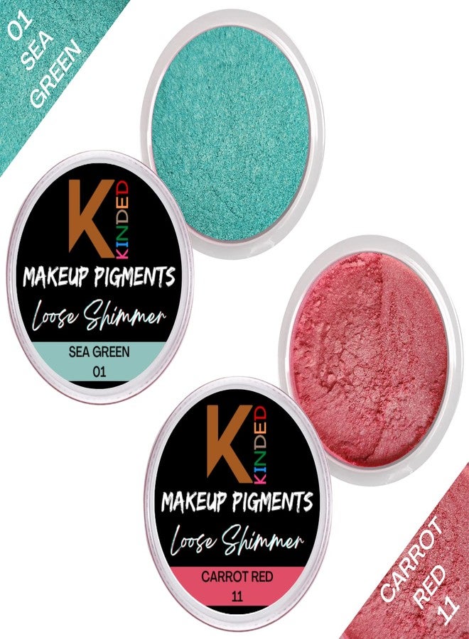 KINDED Loose Shimmer Makeup Foil Pigments Glitter Eyeshadow for Women Smokey Eyes Face Brow Bones Body Highlighter Metallic Beauty Shiny Dust Powder Pearls (Combo 3gm each, Sea Green & Carrot Red) - Image 2