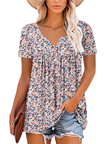 ROSELINLIN Short Sleeve Summer Shirts for Women Henley Neck Pull Over Loose Fit Flower Light Pink Shirts M - Image 2