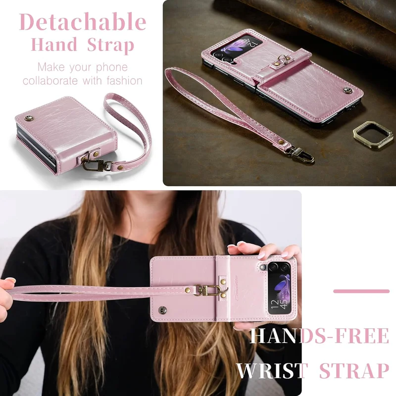 موبكوس جراب Mobcos Caseme لهاتف سامسونج جالاكسي زد فليب 3 بتصميم حصان، مصنوع من جلد البولي يوريثان الوردي، قابل للطي بتصميم كلاسيكي، مزود بحلقات مسند وحزام يد.