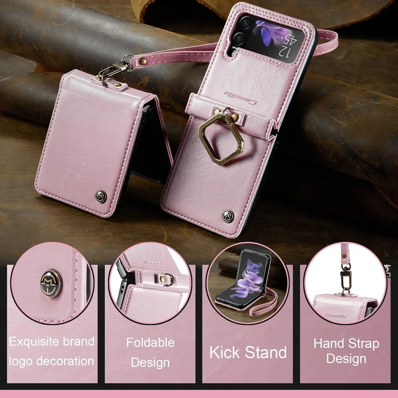 Mobcos Caseme SM ZFlip 4 Leather Pink Mobcos Caseme Samsung Galaxy Z Flip 4 Horse Pu Leather Pink Fold Retro Cover Case Kickstand Rings with Hand Strap  | Best Price UAE