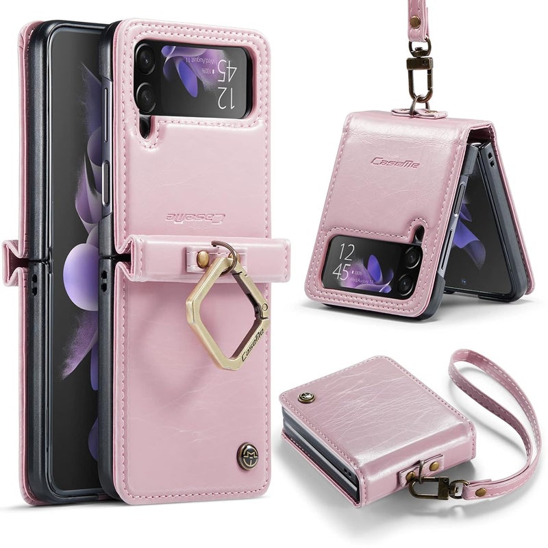 موبكوس جراب موبكوس كيسيمي لهاتف سامسونج جالاكسي زد فليب  من جلد البولي يوريثين الوردي بتصميم قديم مع مسند وحلقة وحزام يد - Image 1