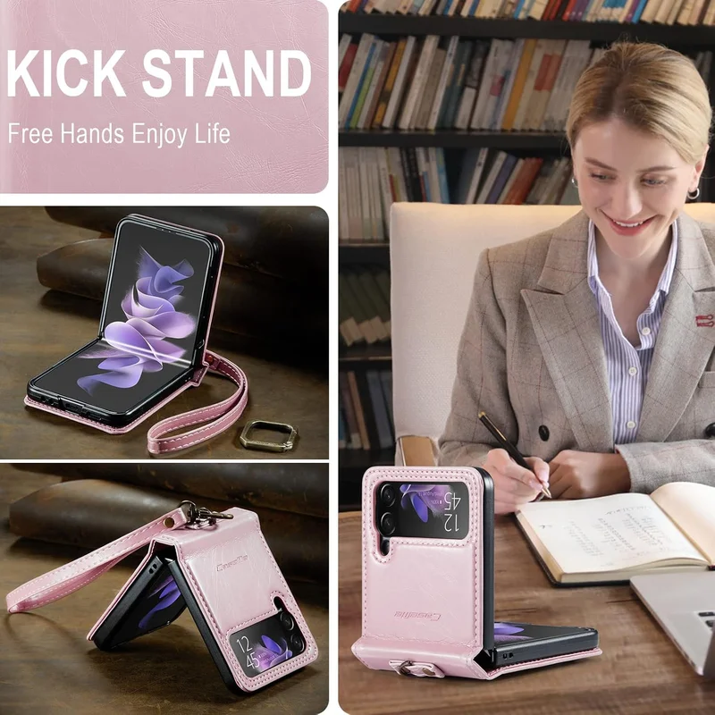 Mobcos Caseme SM ZFlip 4 Leather Pink Mobcos Caseme Samsung Galaxy Z Flip 4 Horse Pu Leather Pink Fold Retro Cover Case Kickstand Rings with Hand Strap  | Best Price UAE
