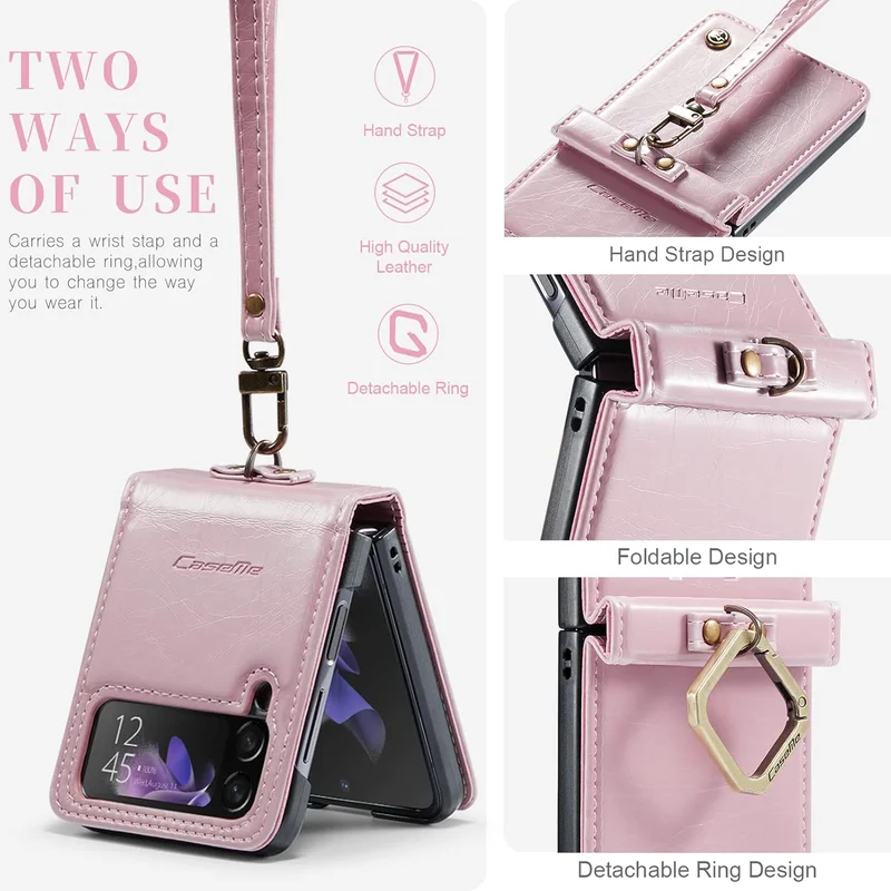 Mobcos Caseme SM ZFlip 4 Leather Pink Mobcos Caseme Samsung Galaxy Z Flip 4 Horse Pu Leather Pink Fold Retro Cover Case Kickstand Rings with Hand Strap  | Best Price UAE