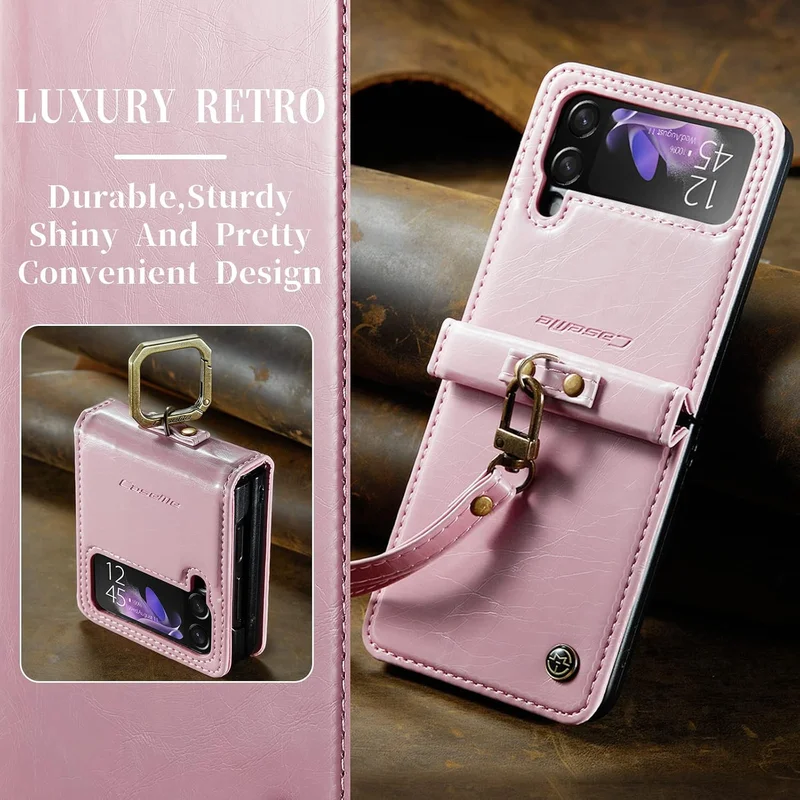 Mobcos Caseme SM ZFlip 4 Leather Pink Mobcos Caseme Samsung Galaxy Z Flip 4 Horse Pu Leather Pink Fold Retro Cover Case Kickstand Rings with Hand Strap  | Best Price UAE