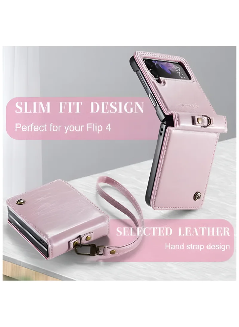 Mobcos Caseme SM ZFlip 4 Leather Pink Mobcos Caseme Samsung Galaxy Z Flip 4 Horse Pu Leather Pink Fold Retro Cover Case Kickstand Rings with Hand Strap  | Best Price UAE