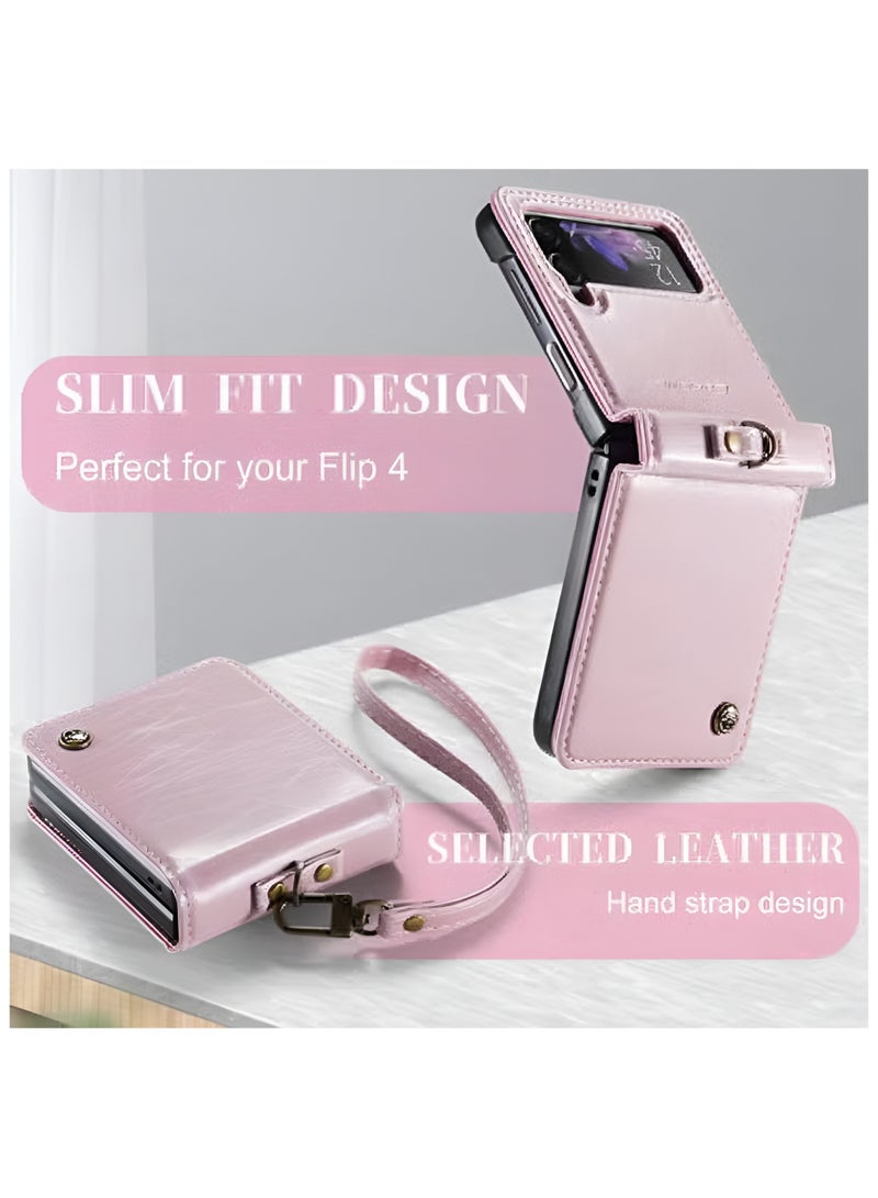 موبكوس جراب موبكوس كيسيمي لهاتف سامسونج جالاكسي زد فليب  من جلد البولي يوريثين الوردي بتصميم قديم مع مسند وحلقة وحزام يد - Image 5