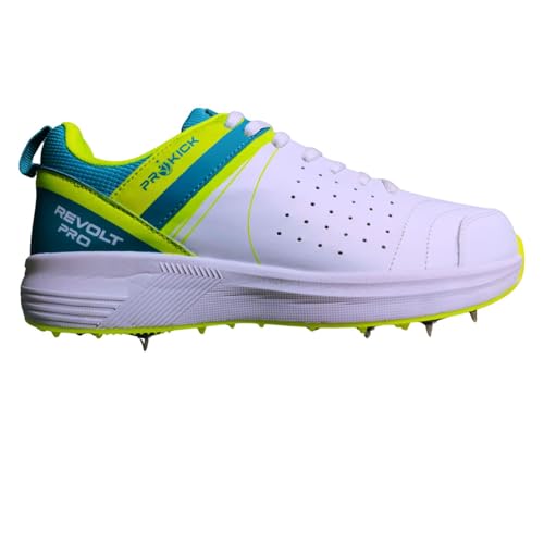 Prokick Revolt Pro Spike Cricket Shoes | Lightweight & Durable | Metal Spikes for Superior Grip | Ideal for Batting, Bowling & Fielding White/SEA Green/Lime YELLOW-11 UK - Image 1