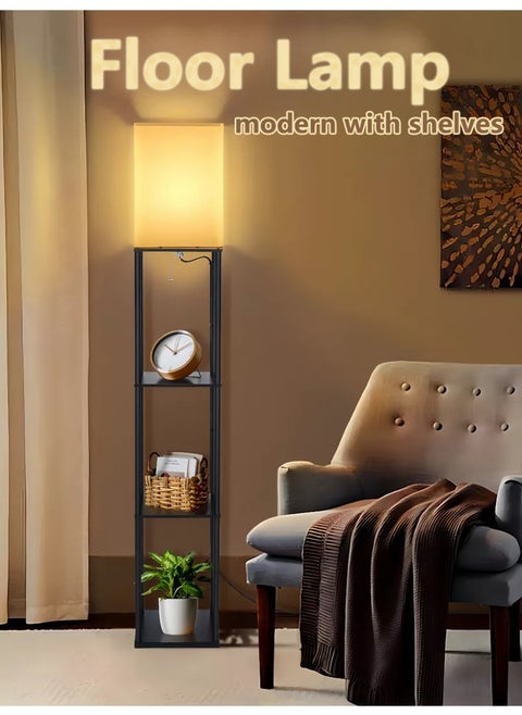 Floor Lamp with Shelves With Warm Light Shelf Lamps with 3 Color Temperature LED Bulb Storage Wood Texture Modern Display Standing Lamp for Living Room Office Bedroom Metal Black 200 cm