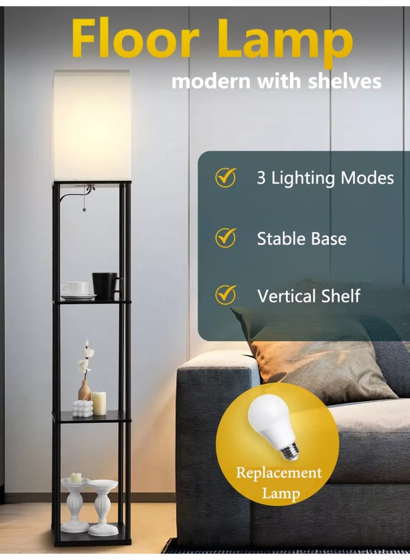 Tiokkss Floor Lamp with Shelves With Warm Light Shelf Lamps with 3 Color Temperature LED Bulb Storage Wood Texture Modern Display Standing Lamp for Living Room Office Bedroom Metal Black 200 cm - Image 5