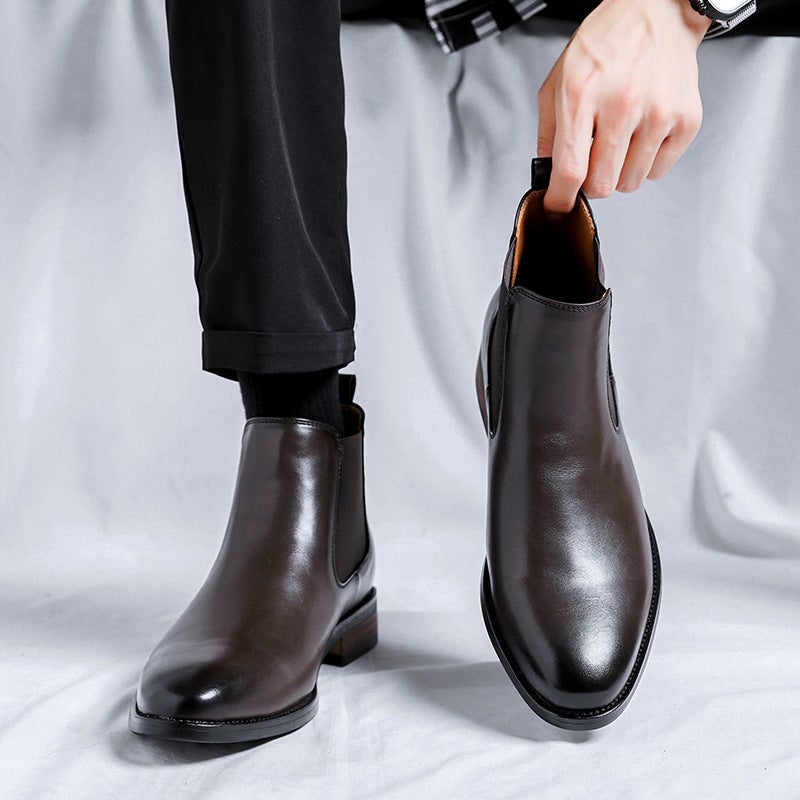 Black British Chelsea Men'S High-Top Simple And Sophisticated Casual Business Formal Pointed Leather Boots-R - Image 3