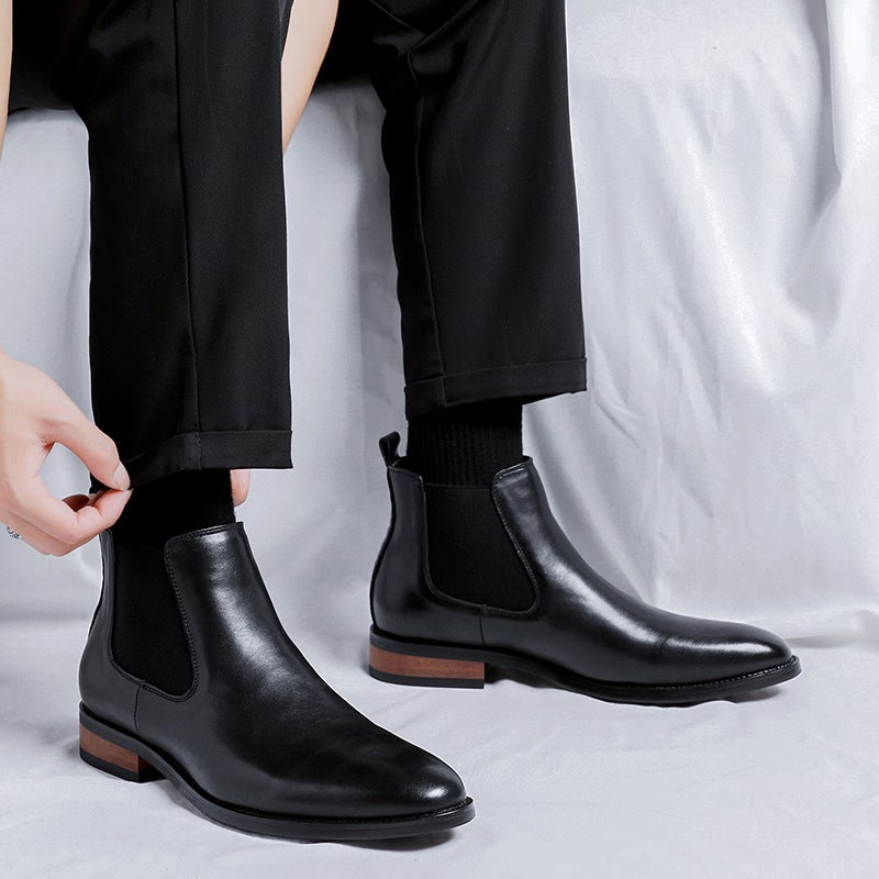 Black British Chelsea Men'S High-Top Simple And Sophisticated Casual Business Formal Pointed Leather Boots-R - Image 1