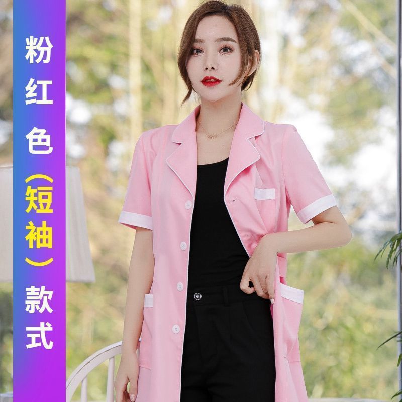 Long-sleeved semi-permanent overalls doctors clothing female nurse summer short-sleeved experimental student pharmacy tattoo artist Pink and white thin edge short sleeves 