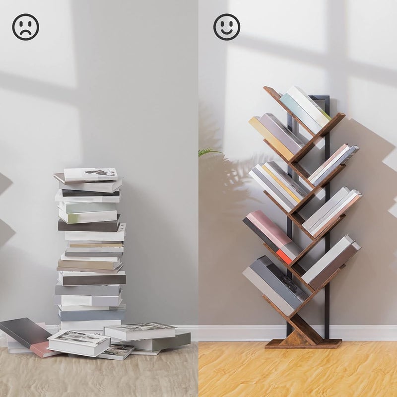 HOOBRO Tree Bookshelf, 9-Tier Bookcase Wooden Shelves, Floor Standing Storage Rack, for Display of CDs, Books in Living Room, Home Office, Wooden bookshelf for Bedroom, Rustic Brown EBF08SJ01G1 - Image 4