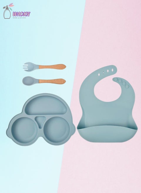 4-Piece Silicone Baby Feeding Set Toddler Divider Plate Bib Fork And Spoon Set with Suction BPA Free Baby Tableware Set with Adjustable Soft Silicone Bib & Utensils (Blue)