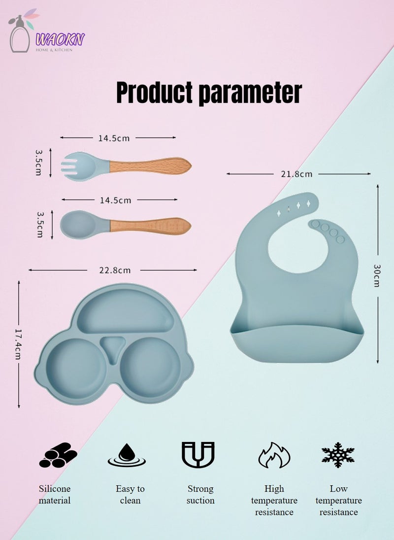 4-Piece Silicone Baby Feeding Set Toddler Divider Plate Bib Fork And Spoon Set with Suction BPA Free Baby Tableware Set with Adjustable Soft Silicone Bib & Utensils (Blue)