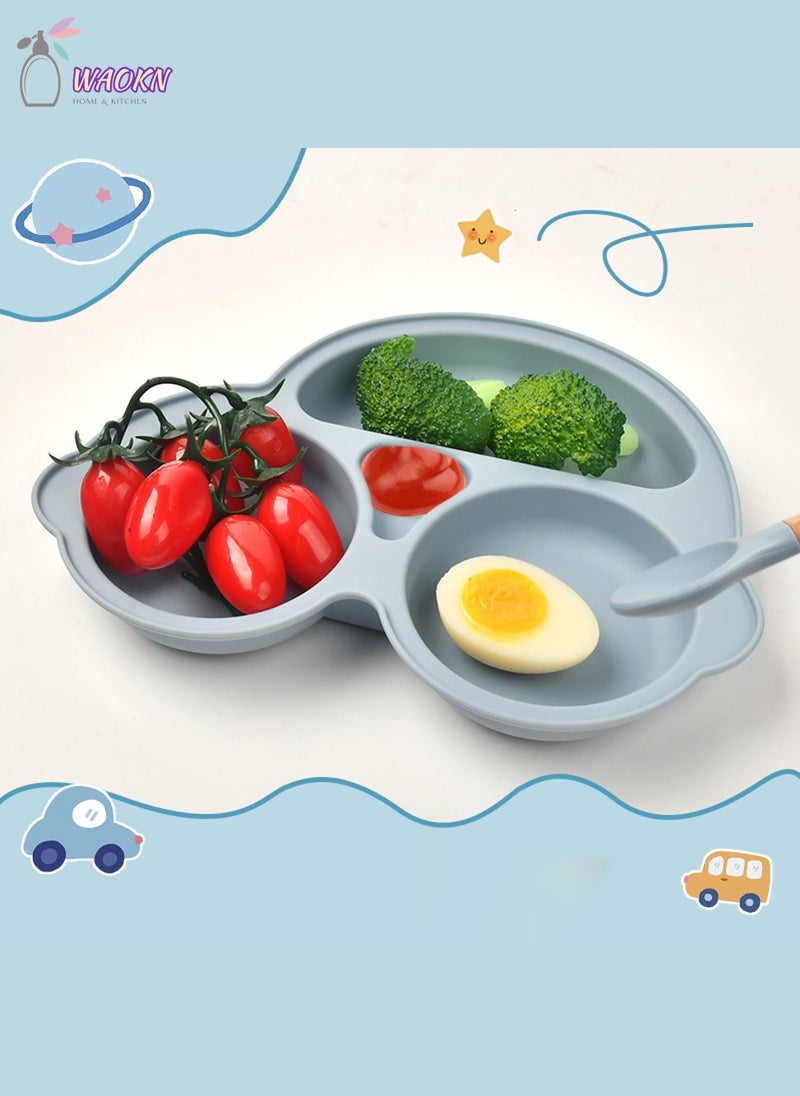 4-Piece Silicone Baby Feeding Set Toddler Divider Plate Bib Fork And Spoon Set with Suction BPA Free Baby Tableware Set with Adjustable Soft Silicone Bib & Utensils (Blue)