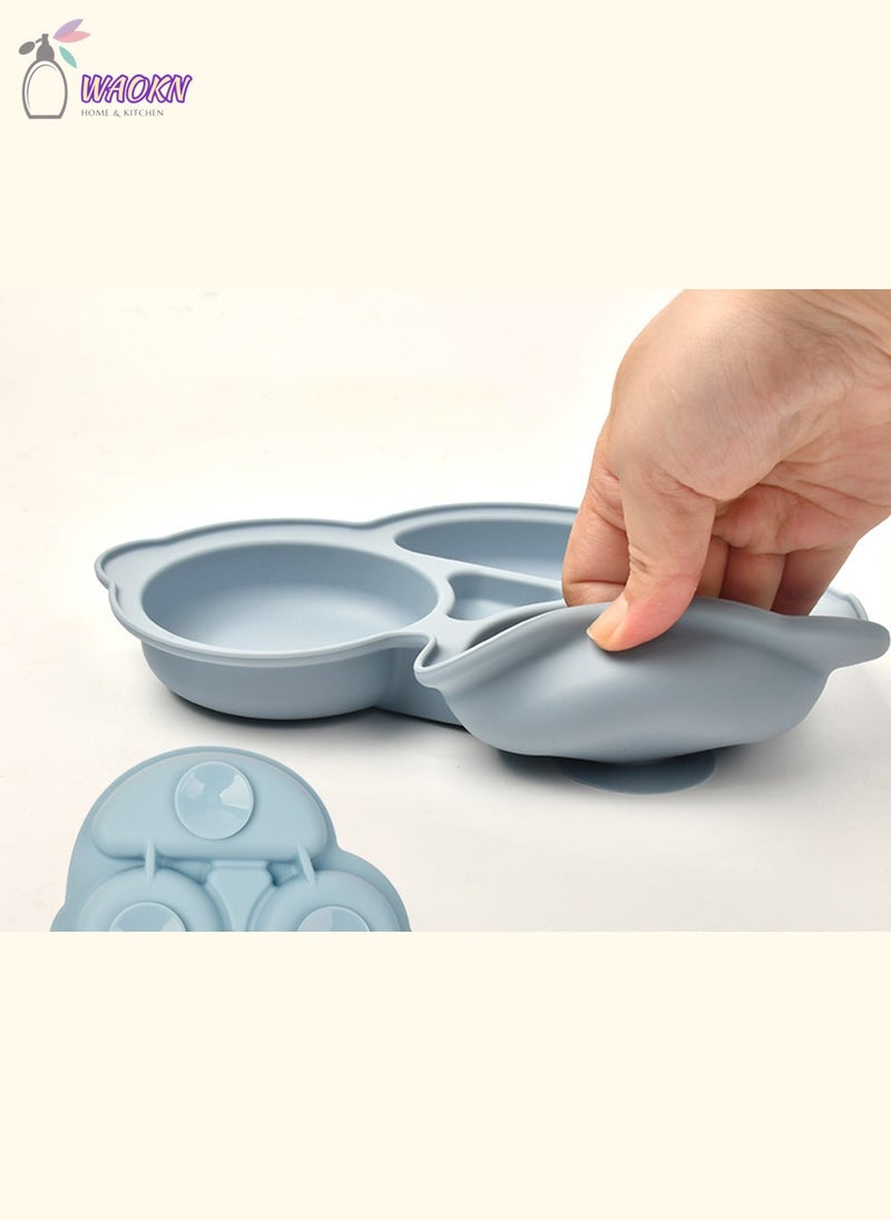 4-Piece Silicone Baby Feeding Set Toddler Divider Plate Bib Fork And Spoon Set with Suction BPA Free Baby Tableware Set with Adjustable Soft Silicone Bib & Utensils (Blue)