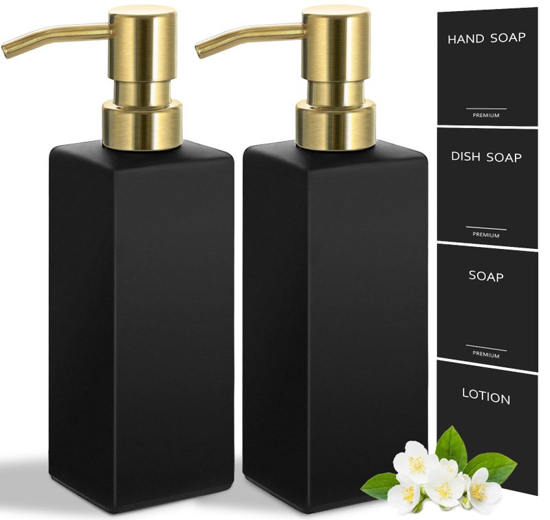 GMISUN Gold Soap Dispenser Black Soap Dispenser Bathroom with Stainless Steel Pump Hand and Dish Soap Dispensers Set for Kitchen 12 fl oz350ml Glass Liquid Refillable Lotion Dispenser Bottle