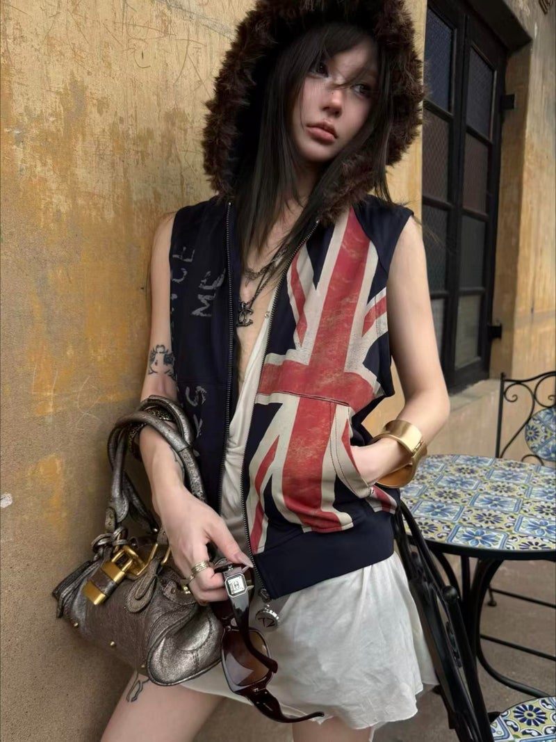 Retro Distressed Union Jack Hooded Vest for Women - Image 1