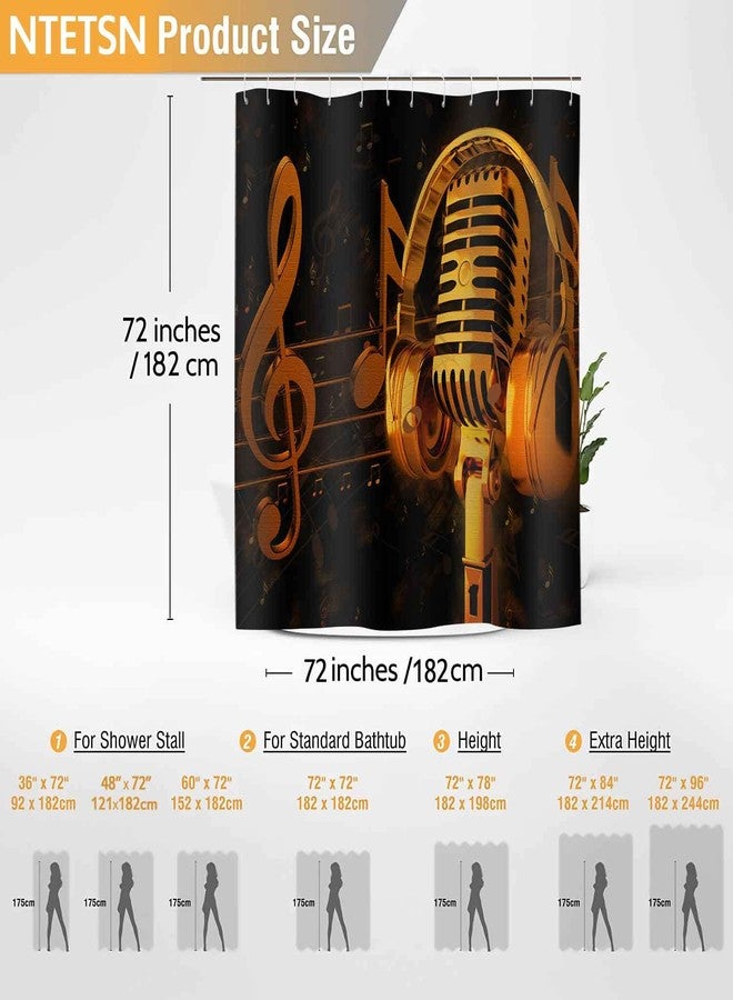 NTETSN Music Shower Curtain Musical Instrument Gold Microphone and Music Notes Bath Curtain Black Background Art Deco 72x72 Inch Polyester Fabric Bathroom Curtain YLOKNT0036 - Image 3