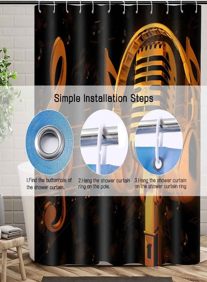 NTETSN Music Shower Curtain Musical Instrument Gold Microphone and Music Notes Bath Curtain Black Background Art Deco 72x72 Inch Polyester Fabric Bathroom Curtain YLOKNT0036 - Image 5