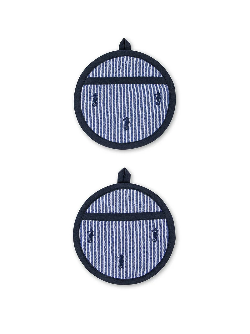 كوينكاسا Set Of 2 Round Pot Holders With Seahorse Embroidery